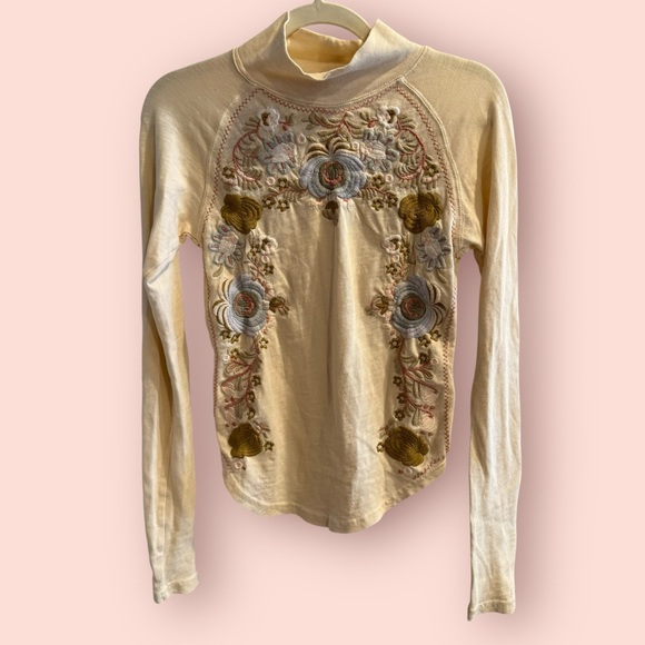 Free People Embroidered Floral Mock Neck Top Boho Long Sleeve Cream - Picture 2 of 5